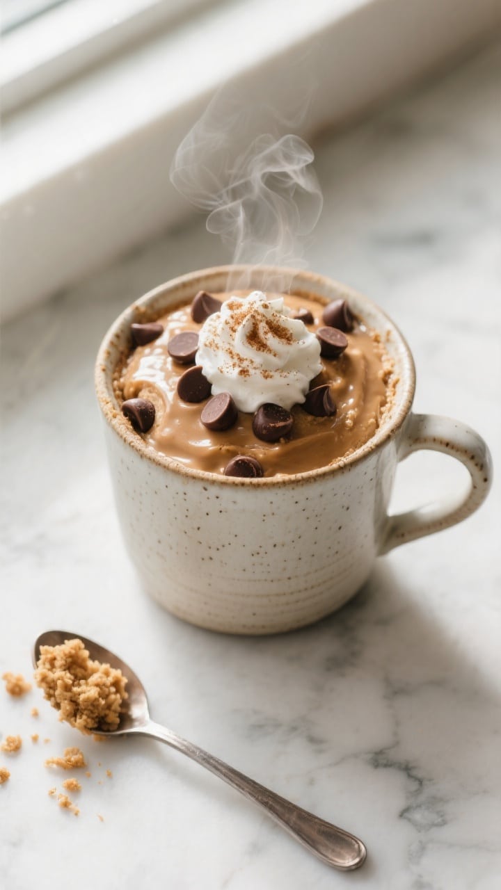 Overhead shot of a just-microwaved Almond Butter Mug Cake in a ceramic mug, center set but still sof