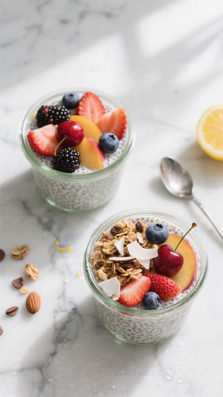 Overhead shot of assembled Mixed Summer Fruit Chia Pudding in two 10-ounce glass jars: ultra-creamy 