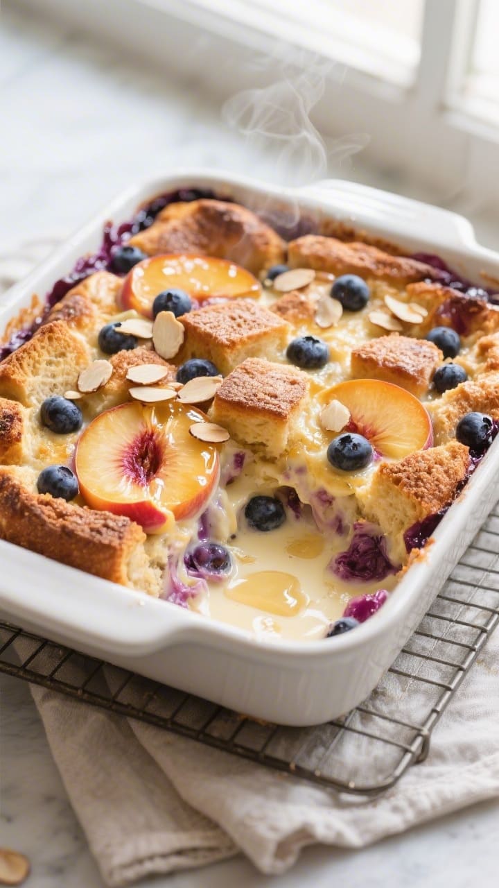 Overhead shot of baked Peach & Blueberry Summer Bread Pudding just out of the oven in a 9x13 dish, t