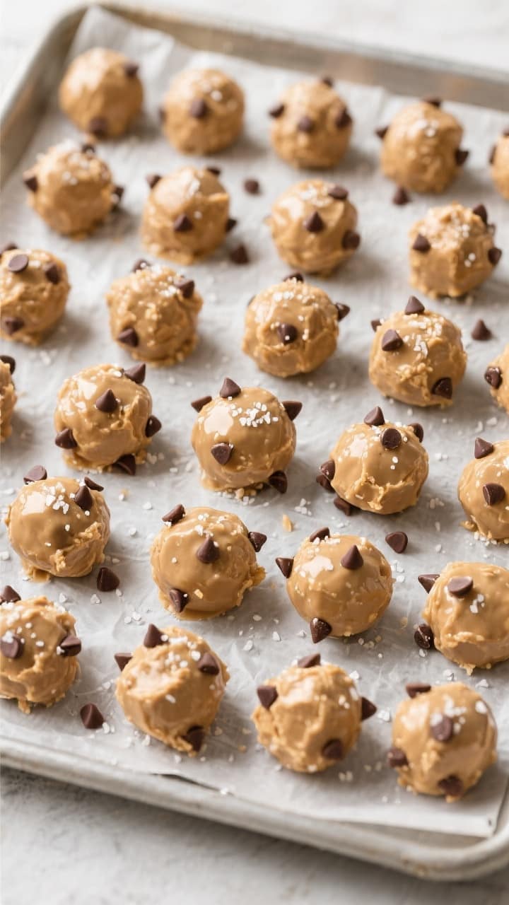 Overhead shot of finished No Bake 4 Ingredient Peanut Butter Balls arranged in a neat grid on a parc