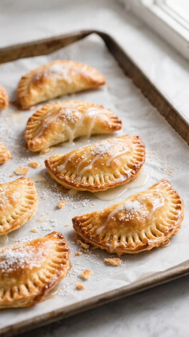 Overhead shot of freshly baked 3-ingredient apple turnovers just out of the oven on a parchment-line