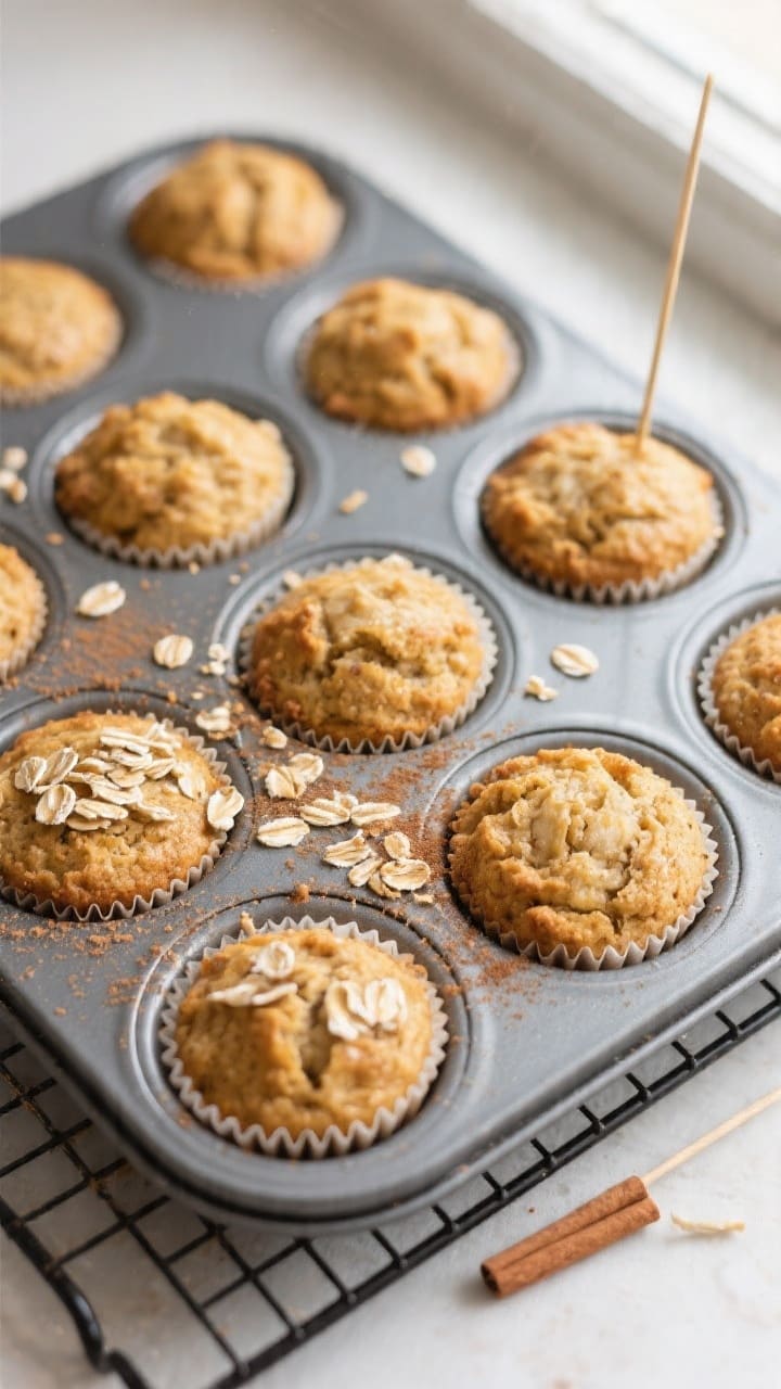 Overhead shot of freshly baked 3-ingredient banana muffins cooling in a lined 12-cup muffin tin on a