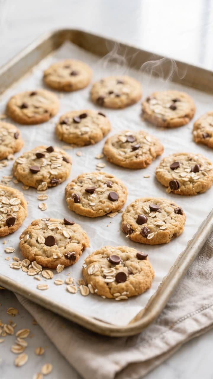 Overhead shot of freshly baked 3-ingredient banana oat cookies cooling on a parchment-lined sheet pa