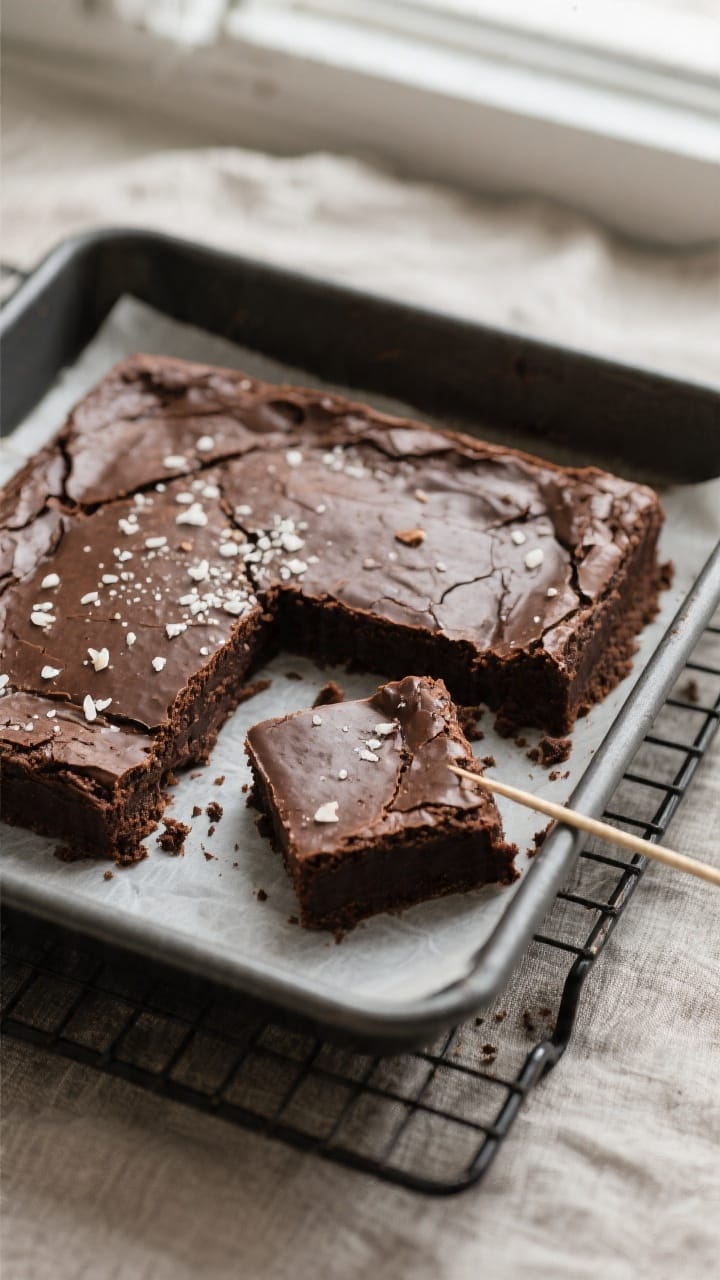 Overhead shot of freshly baked 3-ingredient Nutella brownies just out of an 8x8-inch parchment-lined