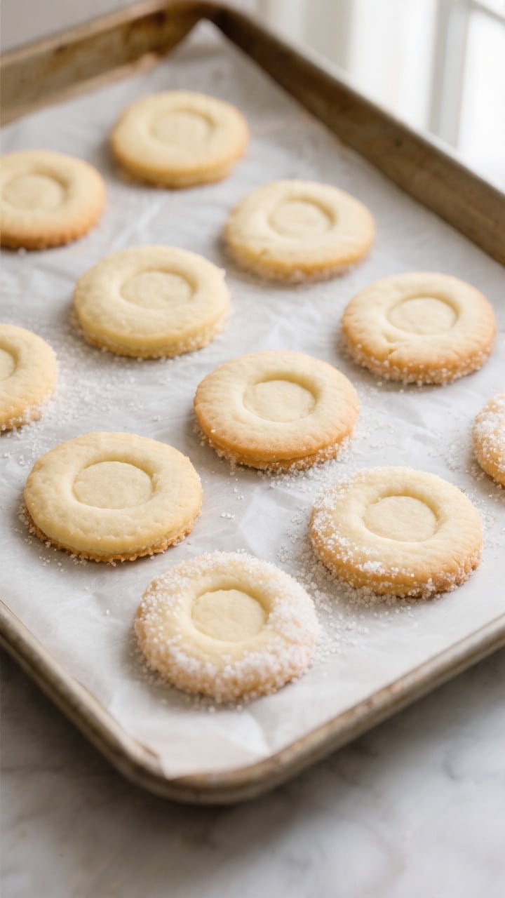 Overhead shot of freshly baked 3-ingredient sugar cookies on a parchment-lined baking sheet, evenly 