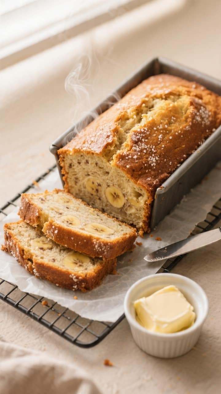 Overhead shot of freshly baked 4‑ingredient banana bread just out of the loaf pan, golden top with