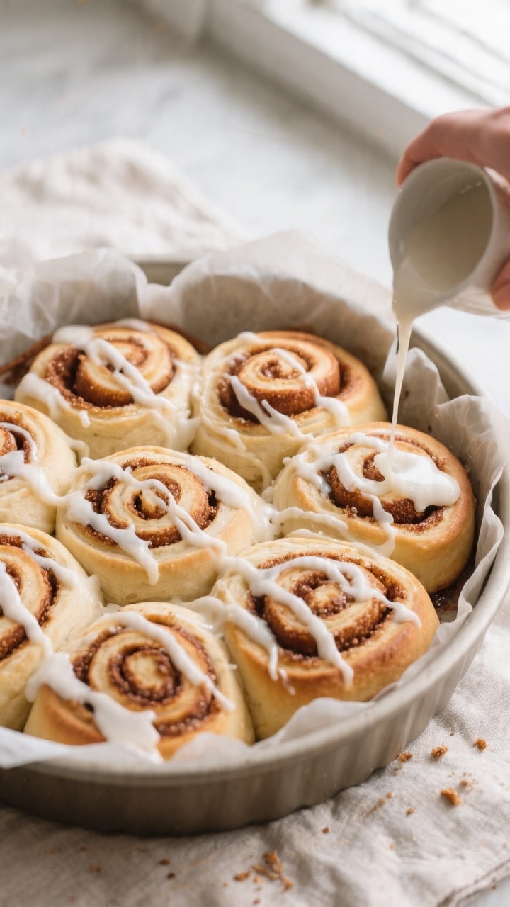 Overhead shot of freshly baked 4-ingredient cinnamon rolls just out of the oven in a parchment-lined