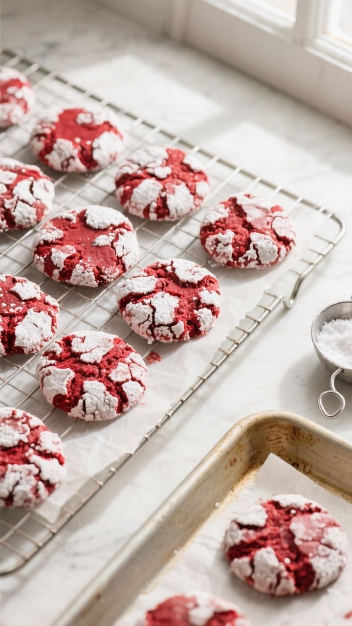 Overhead shot of freshly baked 4-ingredient red velvet crinkle cookies cooling on a wire rack, vivid