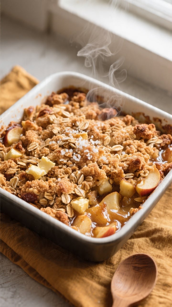 Overhead shot of freshly baked 5-ingredient apple crisp just out of the oven in a 9-inch square baki