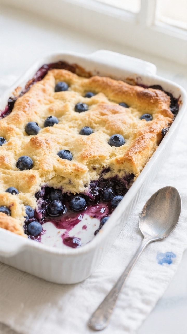 Overhead shot of freshly baked 5-ingredient blueberry cobbler just out of the oven in a 9x13 white c