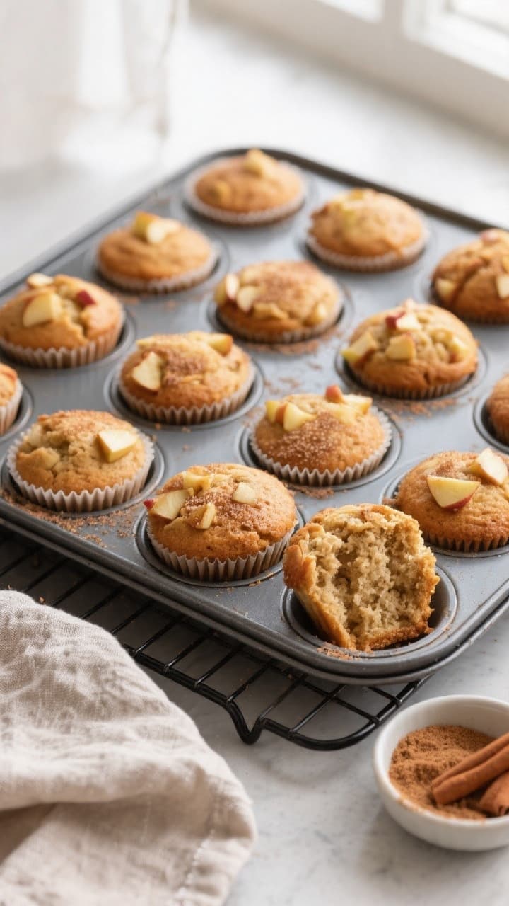 Overhead shot of freshly baked 5-ingredient cinnamon apple muffins cooling in a 12-cup muffin tin se