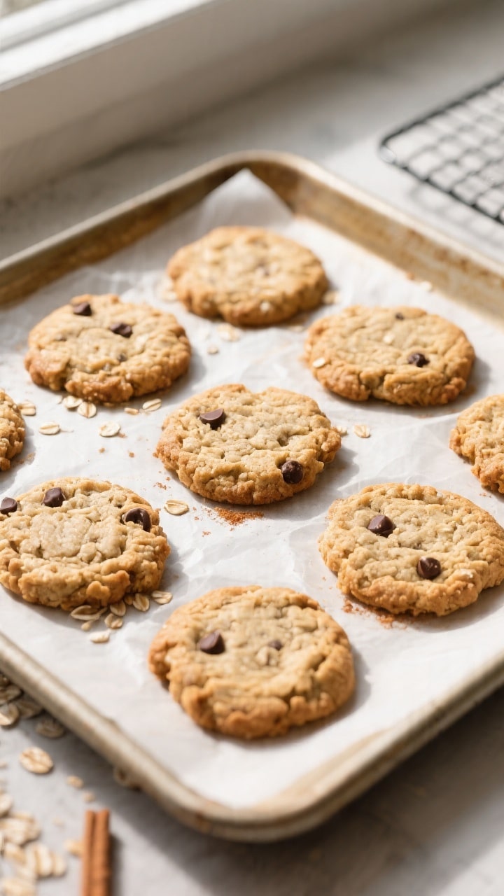 Overhead shot of freshly baked 5-ingredient oatmeal cookies cooling on a parchment-lined baking shee