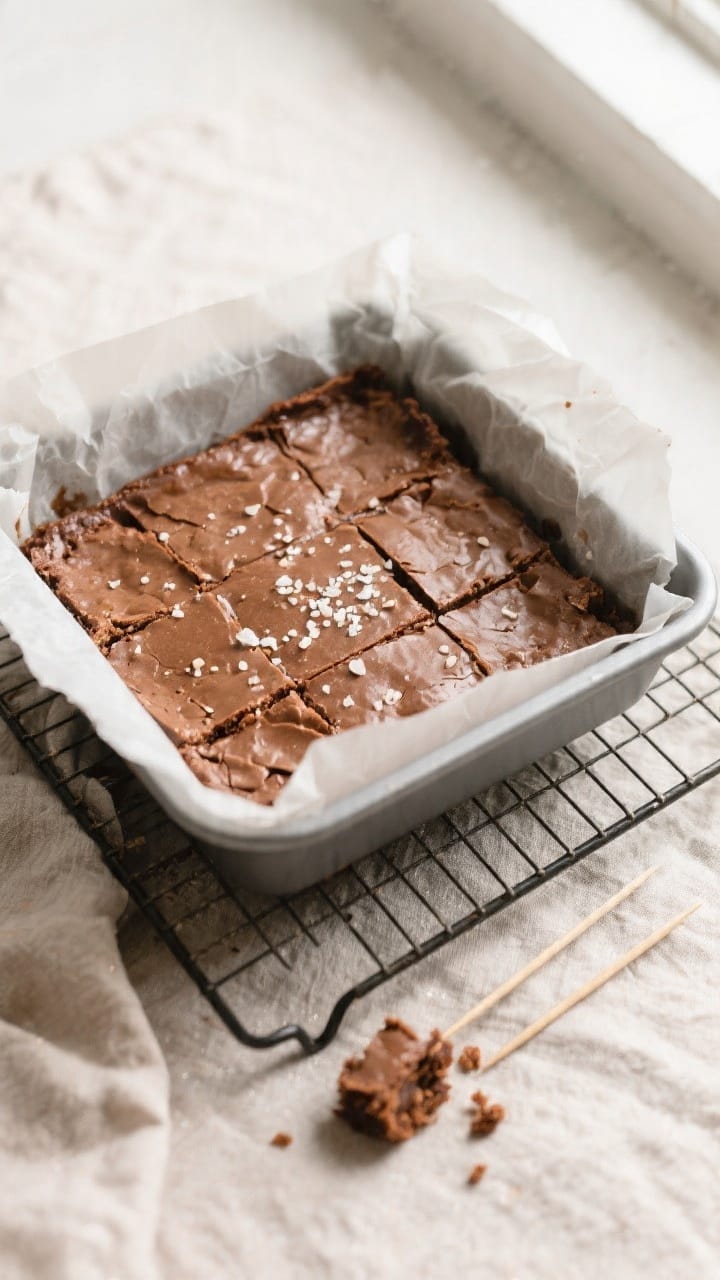 Overhead shot of freshly baked 5-ingredient peanut butter brownies cooling in an 8x8-inch parchment-