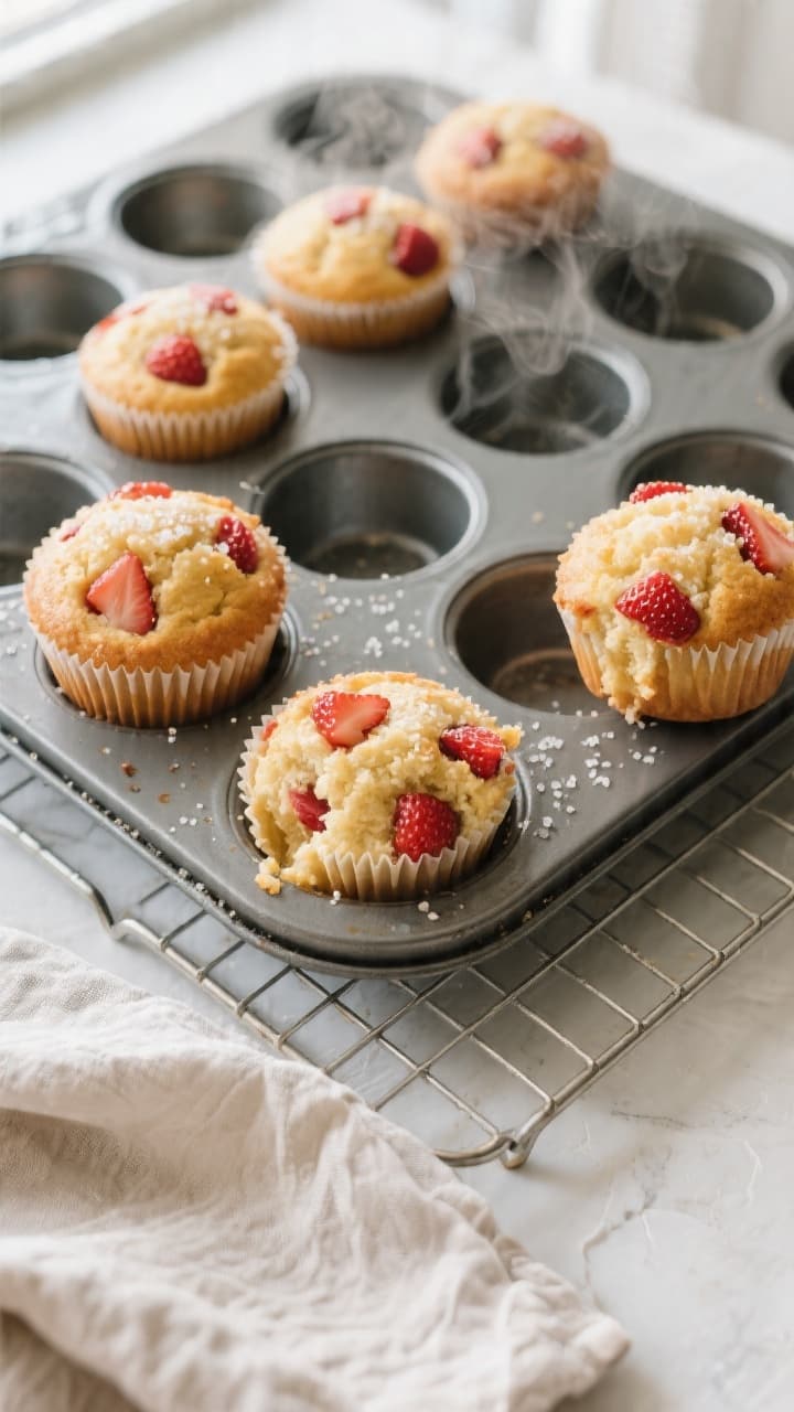 Overhead shot of freshly baked 5-ingredient strawberry muffins cooling in a 12-cup muffin tin on a w