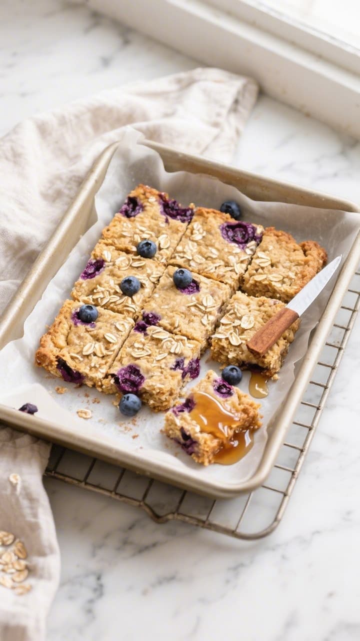 Overhead shot of freshly baked Healthy Banana Oat Bars with Blueberries cooling in a parchment-lined