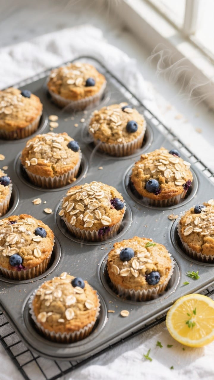 Overhead shot of freshly baked Healthy Oat Blueberry Muffins cooling in a 12-cup muffin tin on a wir