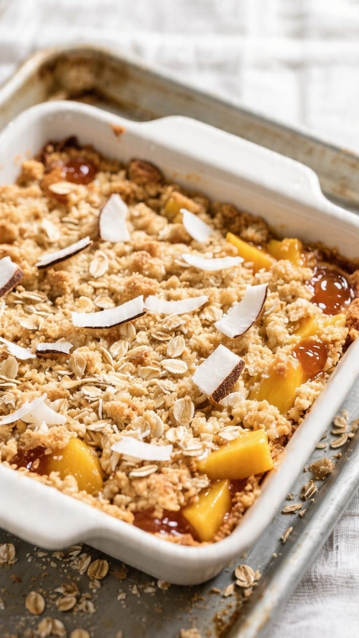 Overhead shot of freshly baked Mango Coconut Crumble in a 9-inch square baking dish just out of the 