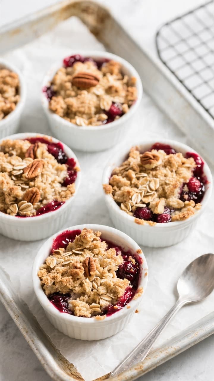 Overhead shot of freshly baked mini individual fruit crumbles in white 6–8 oz ramekins on a parchm
