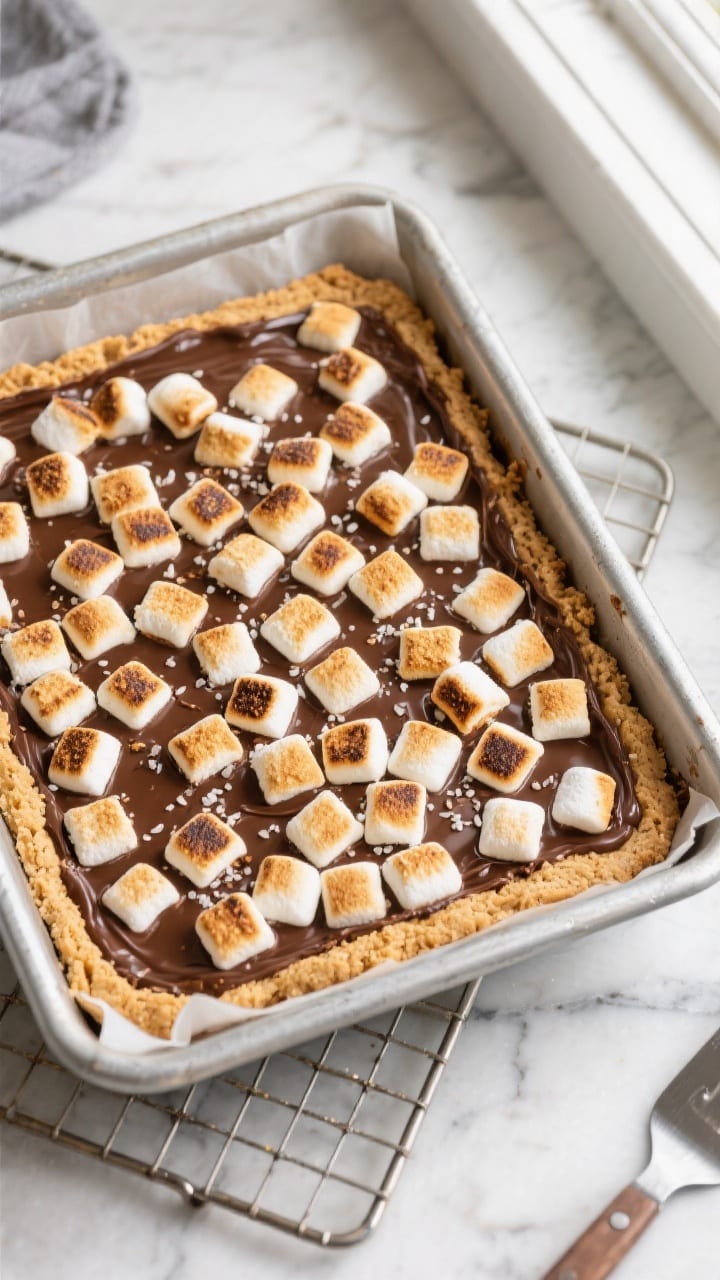 Overhead shot of freshly baked S’mores Bars just out of the oven in an 8x8 metal pan lined with pa