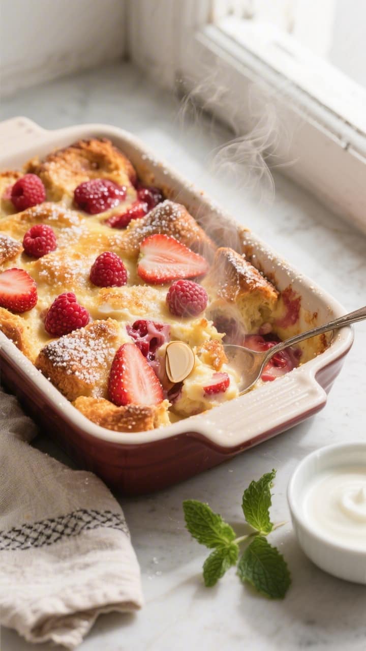 Overhead shot of freshly baked Strawberry & Raspberry Summer Bread Pudding in a 9x13 ceramic baking 