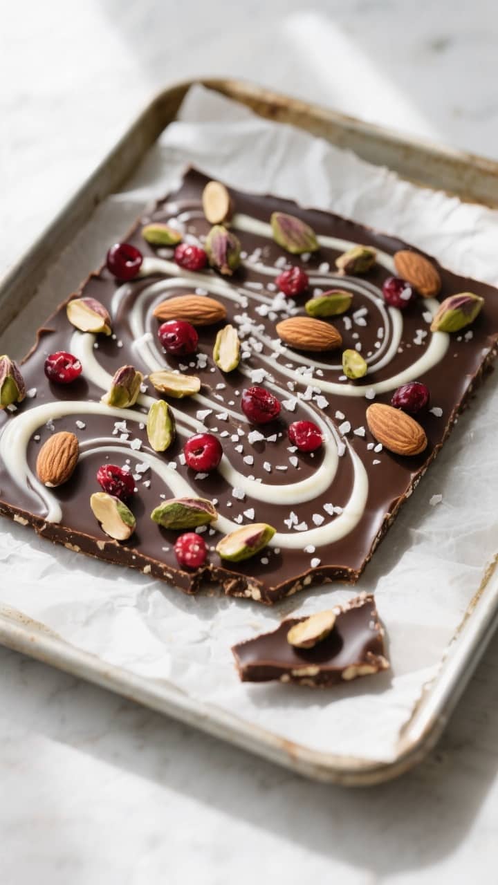 Overhead shot of freshly set chocolate bark on a parchment-lined quarter sheet pan, dark chocolate b