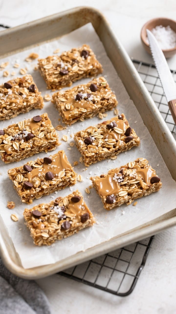 Overhead shot of freshly sliced Healthy 5 Ingredient Granola Bars arranged in a neat grid on parchme