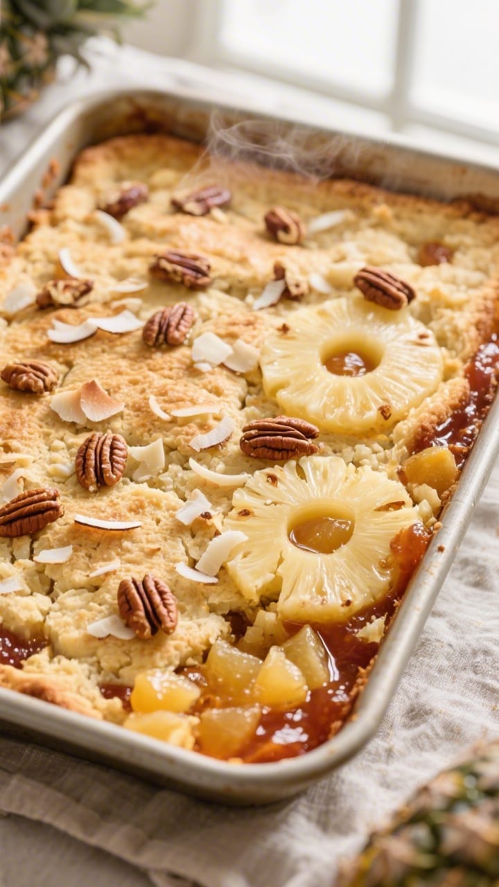 Overhead shot of pineapple dump cake just out of the oven in a 9x13 baking dish: golden, crackly, bu