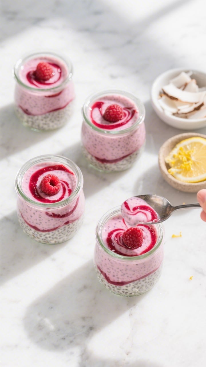 Overhead shot of raspberry chia pudding jars mid-prep, showing the layering technique: a marbled swi