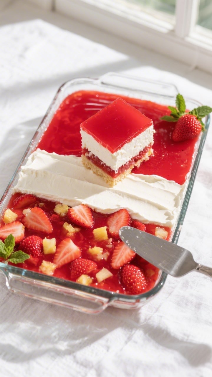 Overhead shot of the assembled Retro Strawberry Gelatin Fruit Dessert in a 9x13 glass dish, fully se