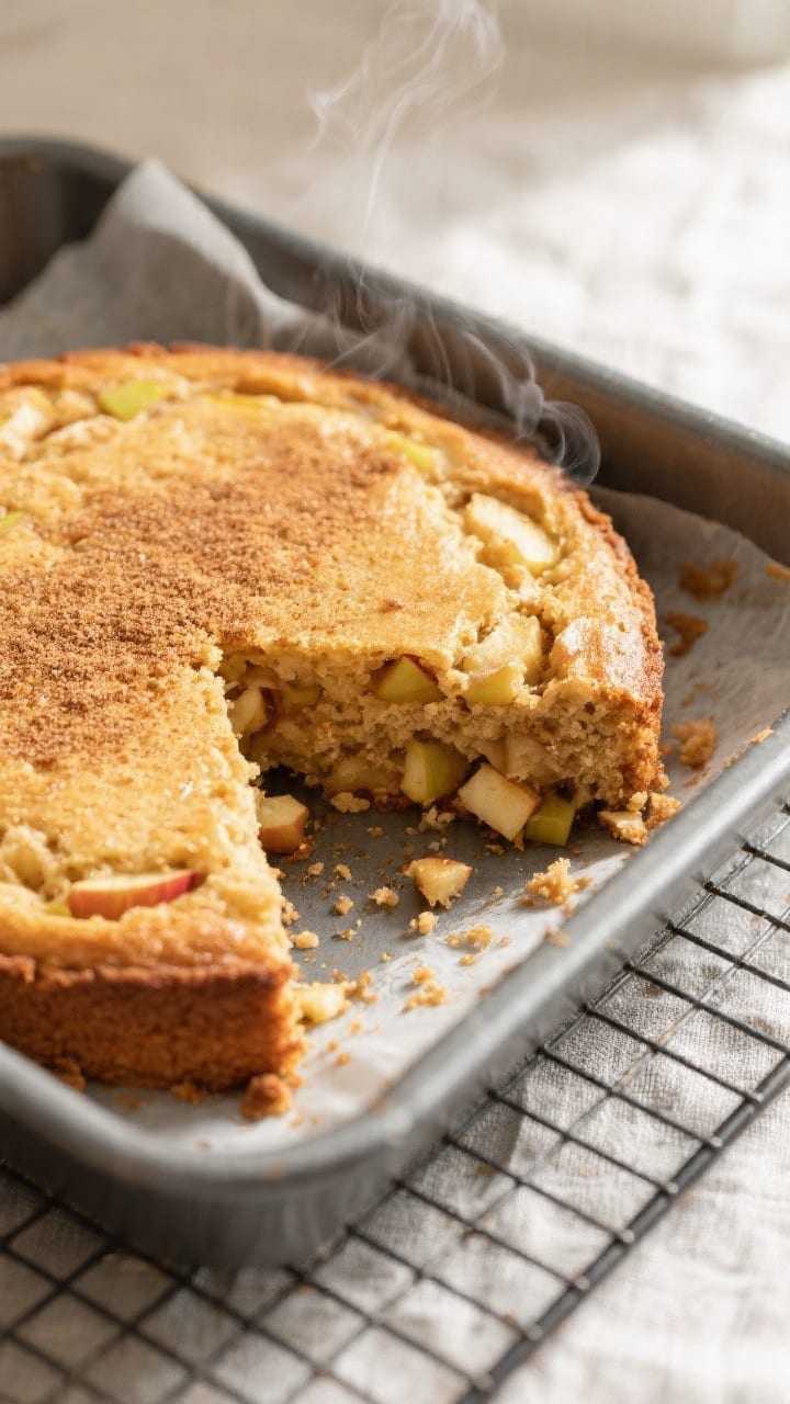 Overhead shot of the baked 4-ingredient apple cake just out of the pan and cooling on a wire rack, g