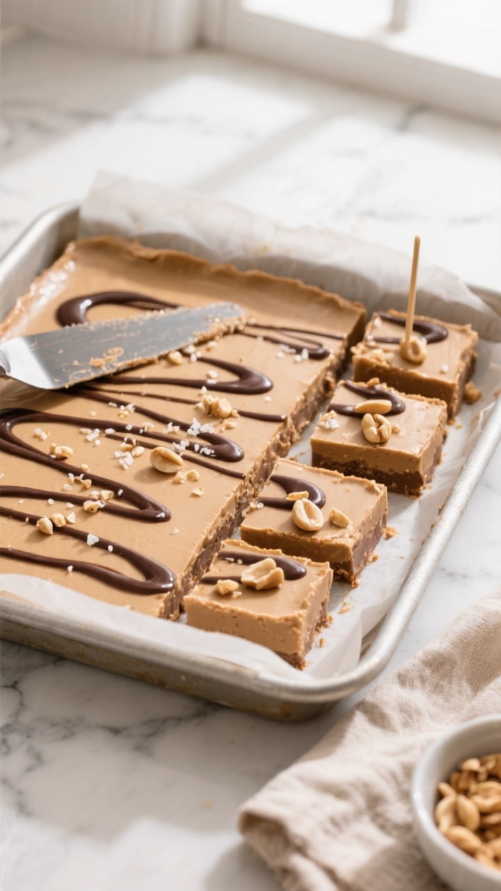 Overhead shot of the finished keto peanut butter mousse-fudge slab in an 8x8 pan lined with parchmen