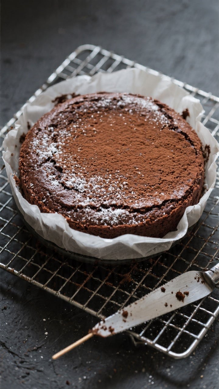 Overhead shot of the freshly baked 8-inch flourless 5-ingredient chocolate cake just out of the pan,