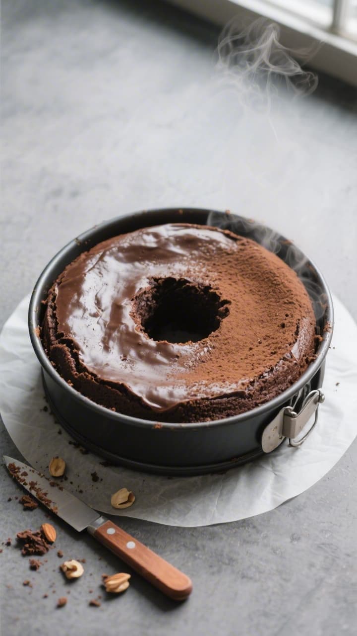Overhead shot of the freshly baked flourless chocolate almond cake just out of the springform pan, g