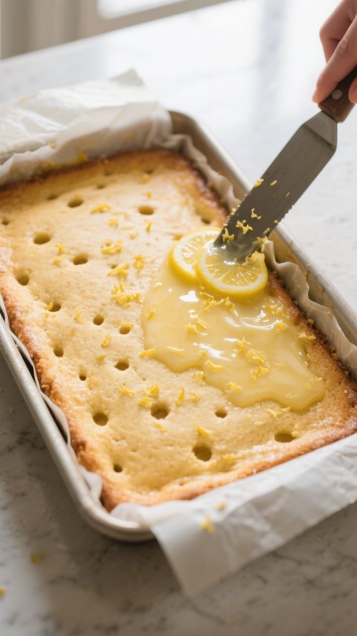 Overhead shot of the freshly baked lemon traybake still in the lined 9x13-inch tin, just out of the 