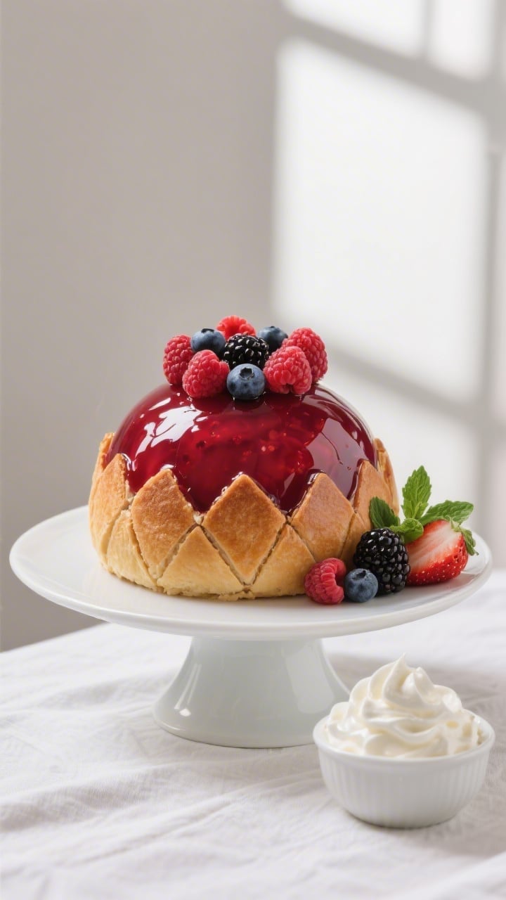 Overhead shot of the unmolded Summer Berry Pudding Bombe just after flipping, glistening ruby dome b