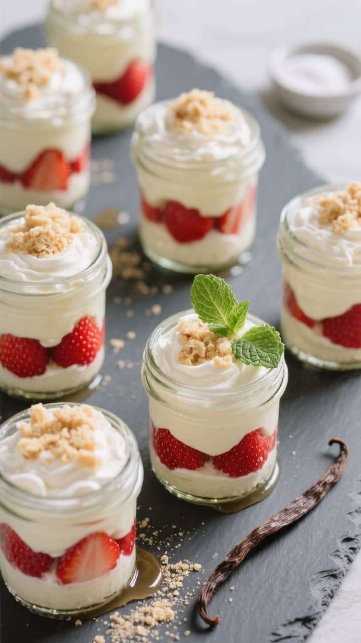 Overhead “tasty top view” of multiple assembled keto strawberry whipped cream parfaits in small 