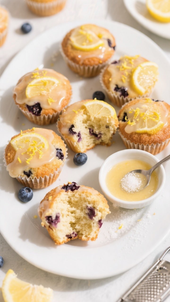 Tasty overhead final presentation: a white platter of glazed lemon blueberry muffins arranged in a l