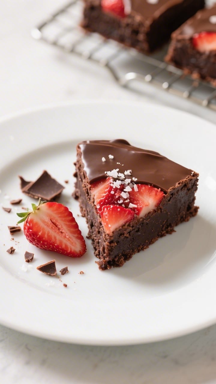 Tasty top view final presentation: Overhead slice of Chocolate Covered Strawberry Brownie Dessert on