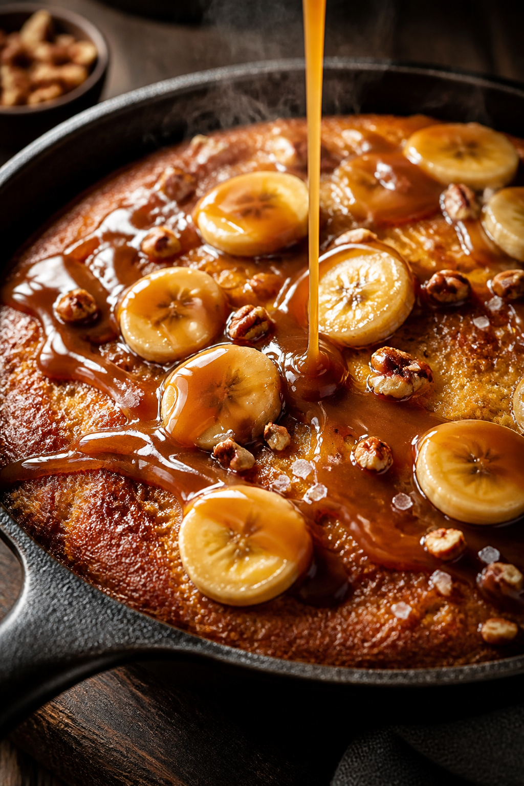 Close-up detail/cooking process: Cast-iron skillet banana cake just out of the oven, golden edges an