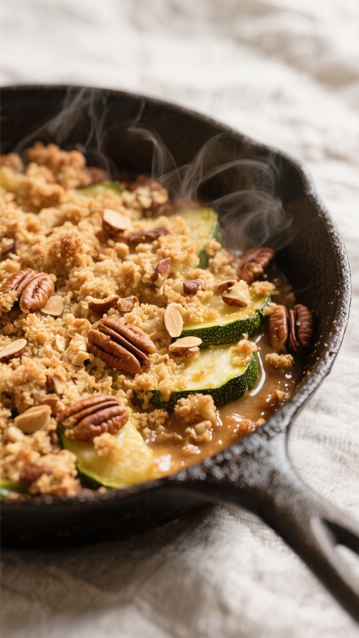 Close-up detail, cooking process: Golden almond-pecan cinnamon crumble just out of the oven in an 8-