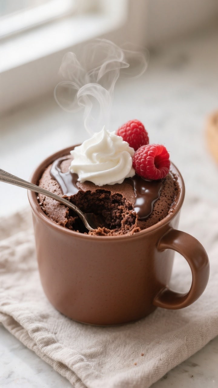 Close-up detail of a freshly microwaved keto chocolate mug cake in a 12-oz ceramic mug, center just 