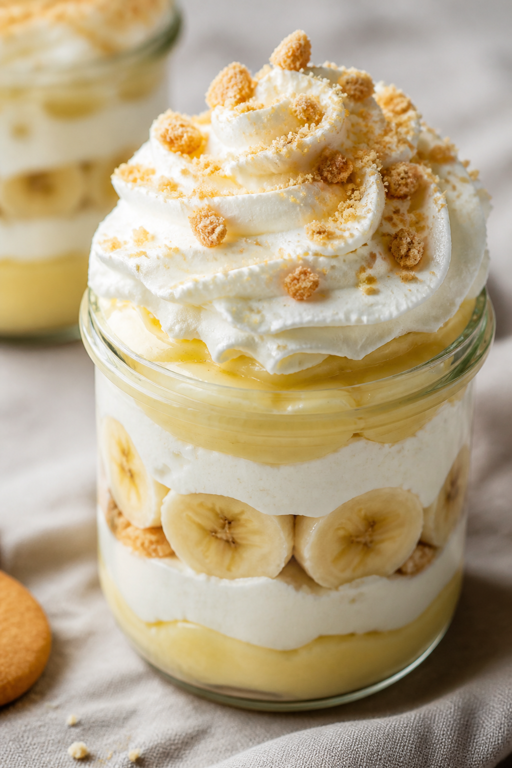 Close-up detail of a layered Banana Cream Dessert Cup in a clear glass jar, showing silky vanilla cu