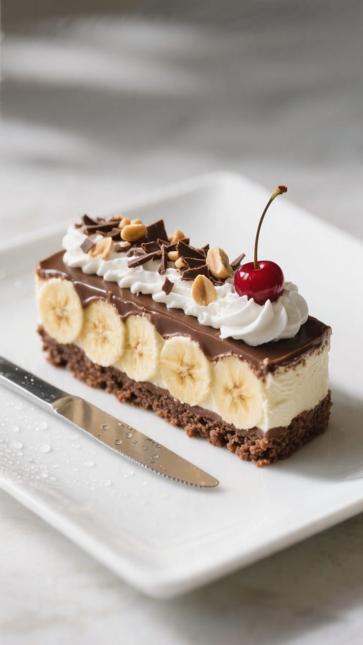Close-up detail of a single chilled slice of No Bake Banana Split Dessert on a white square plate, s