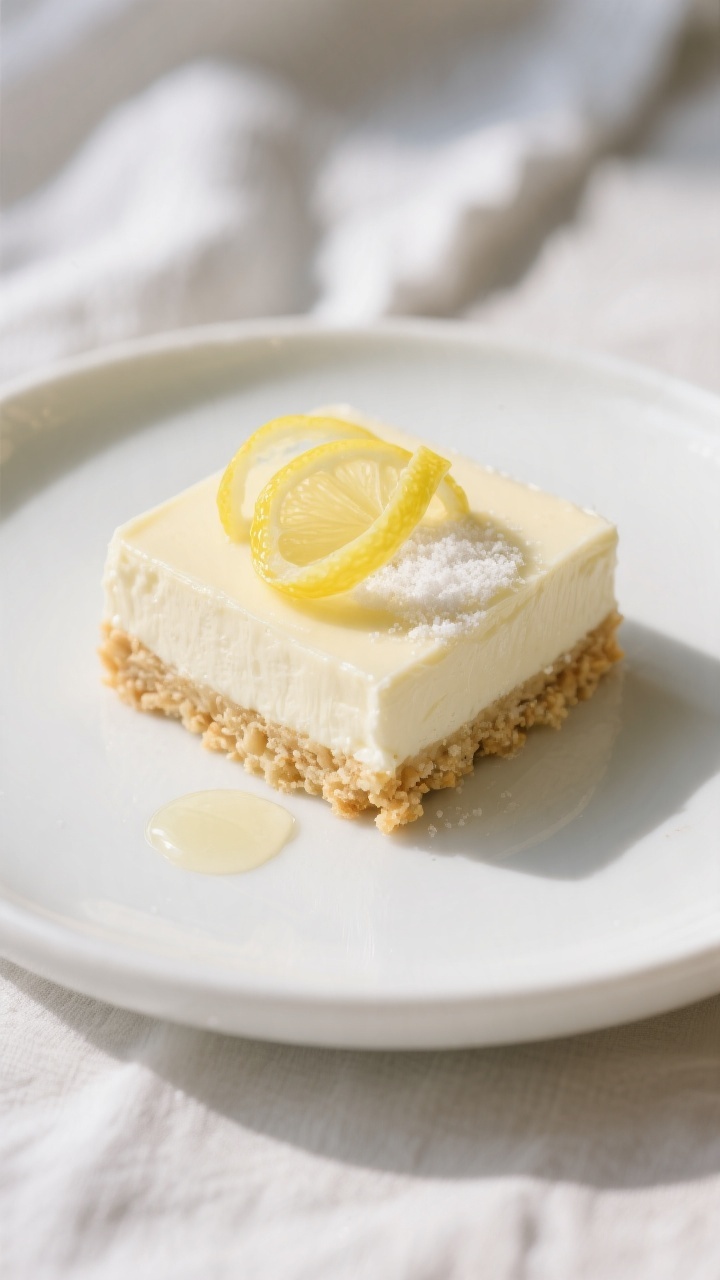 Close-up detail of a single plated Lemon Keto Dessert Square on a matte white dessert plate, buttery