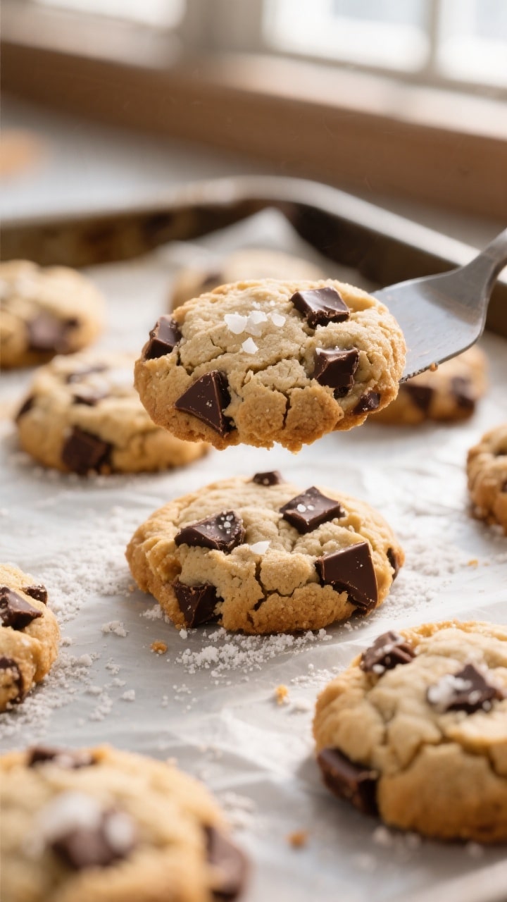 Close-up detail of freshly baked almond flour chocolate-chip cookie bites on a parchment-lined sheet