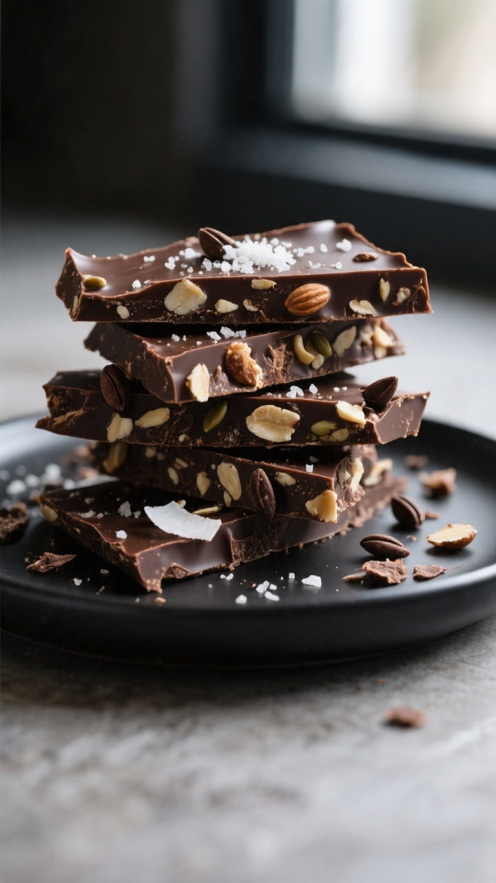 Close-up detail of fully set keto chocolate dessert bark snapped into rustic shards and stacked slig
