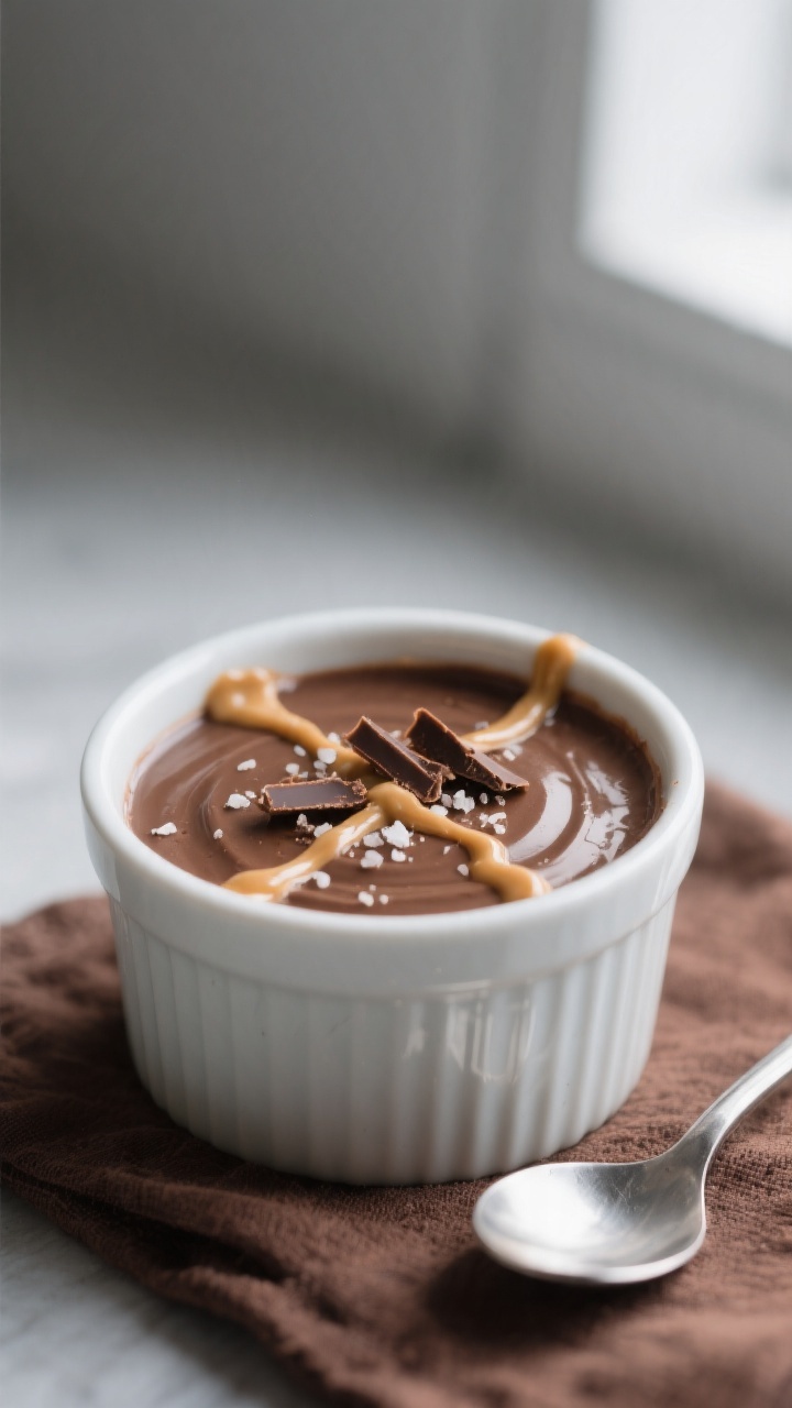 Close-up detail of the chilled keto chocolate pudding just after unmolding into a small matte white 