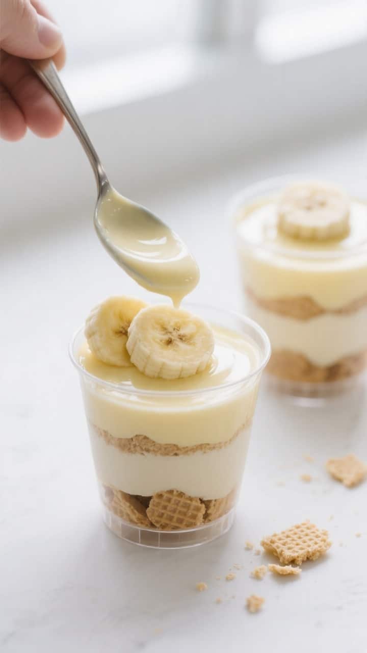 Close-up detail/process shot: A clear mini dessert cup mid-assembly with visible layers—crisp vani