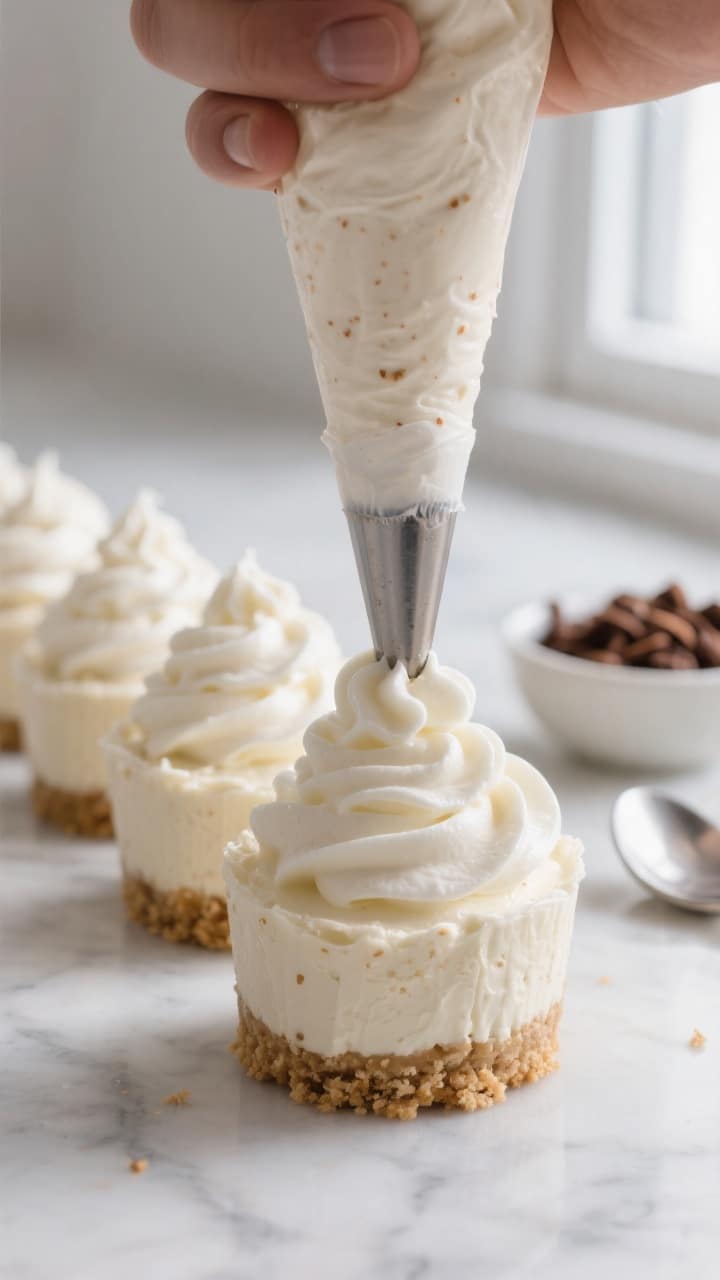 Close-up detail/process shot: A row of chilled no-bake keto cheesecake cups with almond-flour “cru