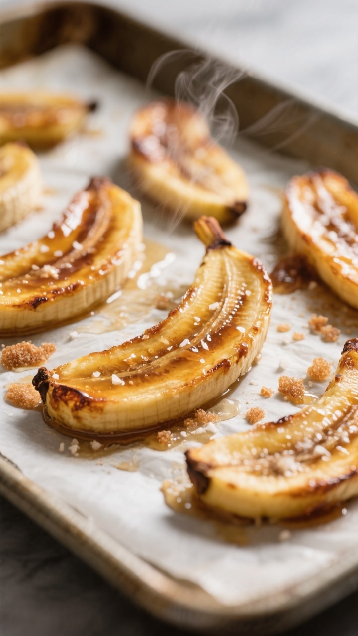 Close-up detail/process shot: Caramelized baked banana slices on a parchment-lined sheet pan just ou